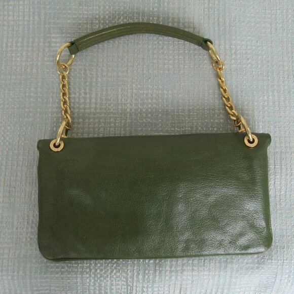 Michael Kors Genuine Leather Rectangular Medium Sz Shoulder Bag Green Gold *Flaw - Picture 4 of 15
